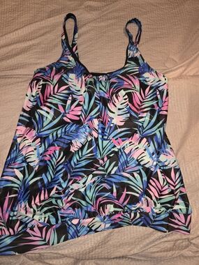 Tropical Leaf Swim Cami in Black with Pink & Blue Leaves